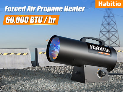 60,000 BTU Forced Air Propane Heater, Portable Torpedo Heater for Jobsite, Garage, and Construction Sites, 10 ft Hose with Regulator Included