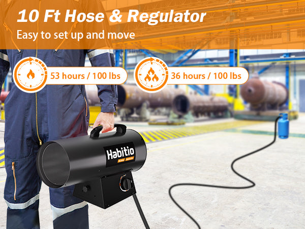 60,000 BTU Forced Air Propane Heater, Portable Torpedo Heater for Jobsite, Garage, and Construction Sites, 10 ft Hose with Regulator Included